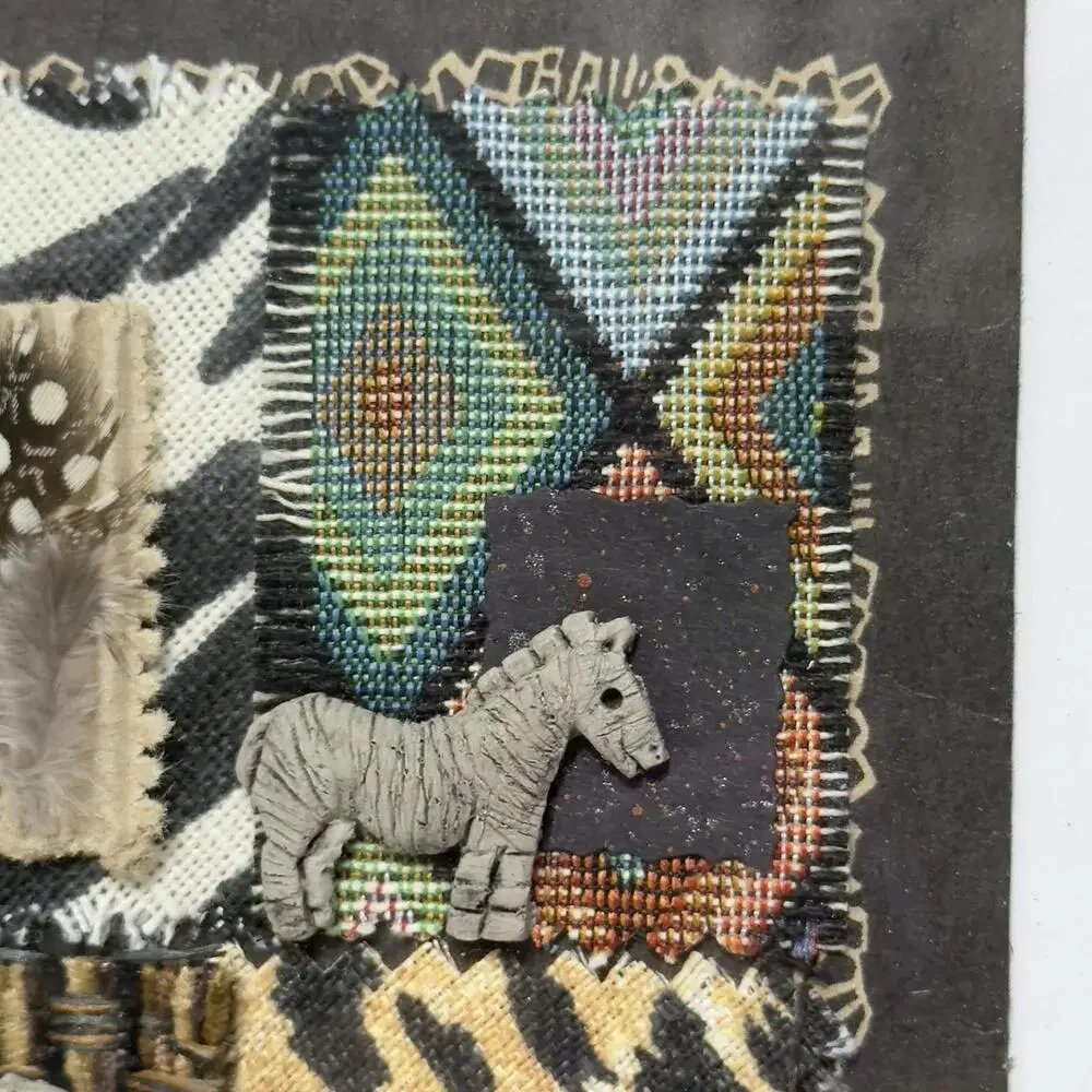 Framed Mixed Media African Safari Wildlife Tribal Wall Art Textile Decor 10x12